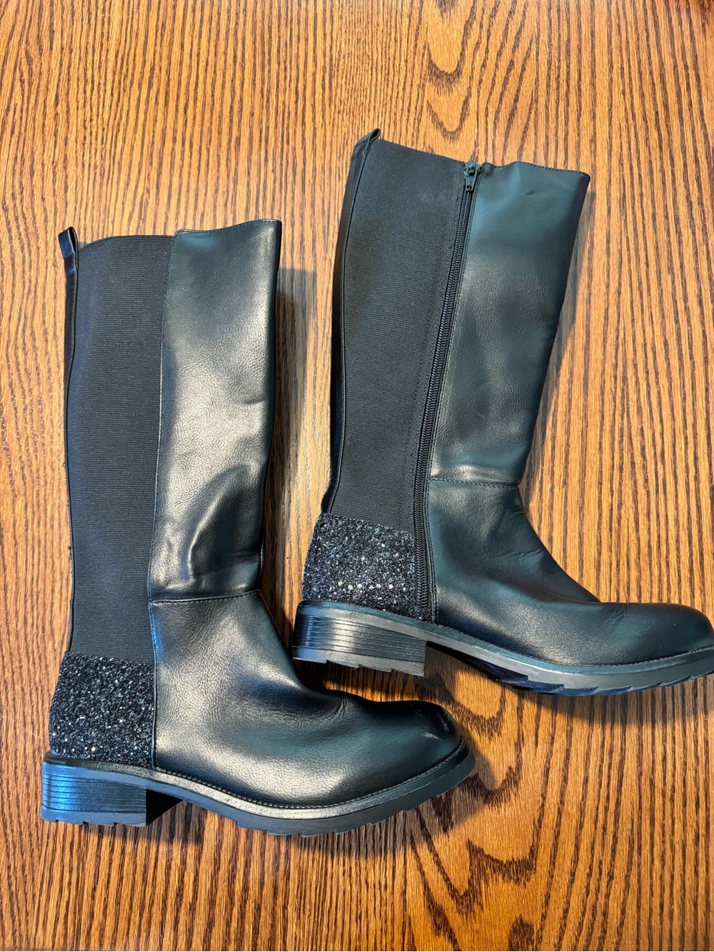Black Mid-Calf Fashion Boots with Sparkle Heel Accent